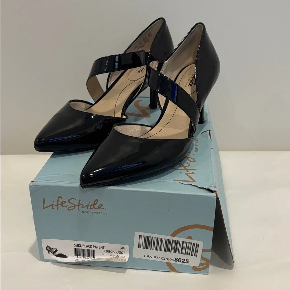 Life Stride Soft System Suki Black Patent Strappy Heel